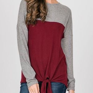 New Burgundy Color Block Long Sleeve Tie Knot Top